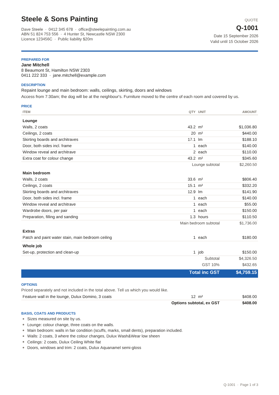 Page one of a quote the app made: business details and licence at the top, the client, a description, priced lines grouped by room, and the total inc GST